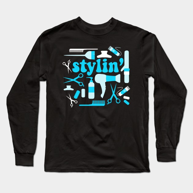 Stylin' Blue Hair Stylist Salon Barber Curling Iron Blow Dryer Styling Tools Long Sleeve T-Shirt by JessDesigns